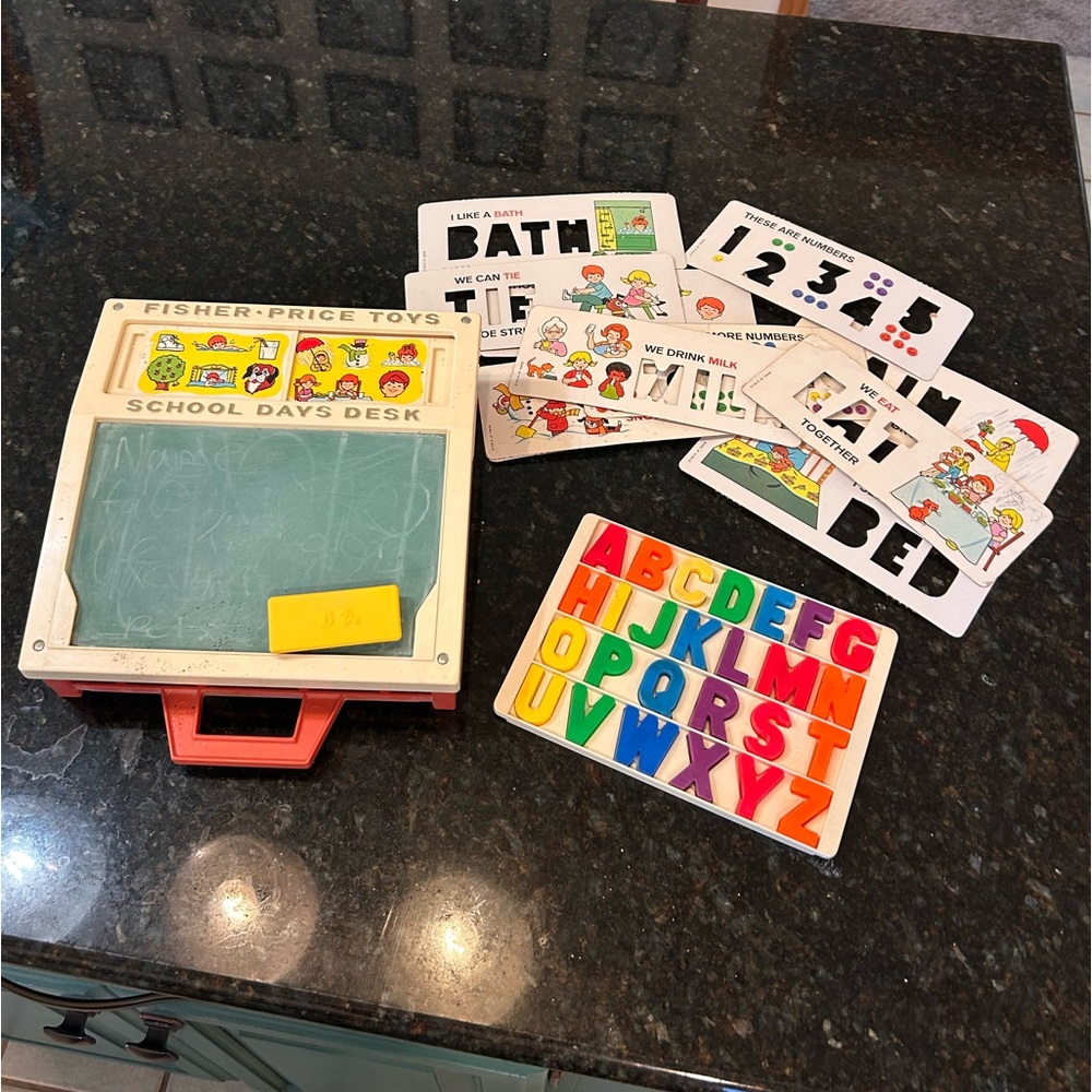 Vintage 1972 Fisher Price School Days Portable Play Desk W Letters & Cards